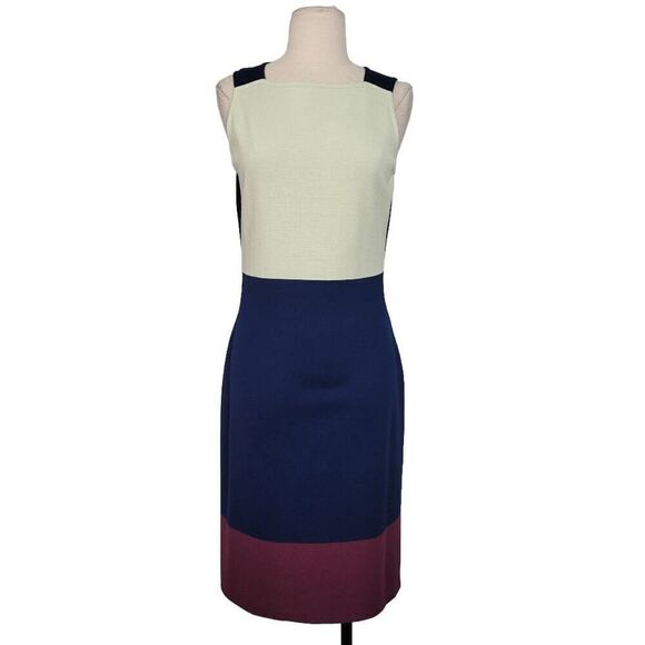 St. John Milano Colorblock Knit Dress Sz 4 Mint Blue Burgundy Sleeveless Sheath - Picture 1 of 10